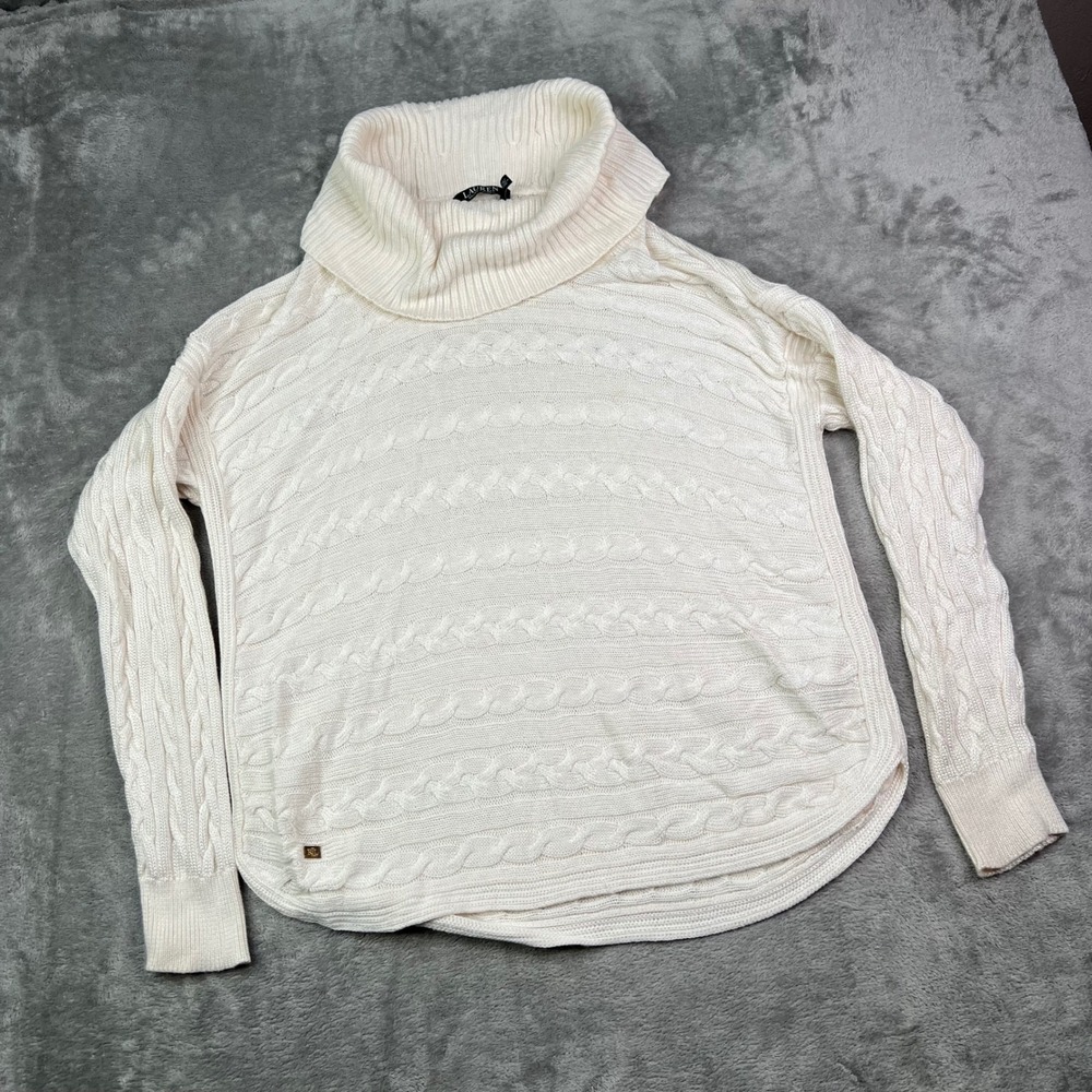 Lauren Ralph Lauren Cowl Neck Sweater Womens XL Cream Cable Knit Long Sleeve